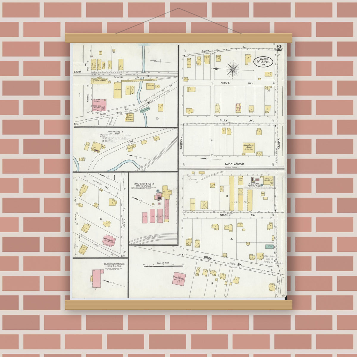 Old map wall art mockup — magnetic wood frame on brick wall — Sanborn Fire Insurance Map from Mars, Butler County, Pennsylvania (1905), Sheet #0002