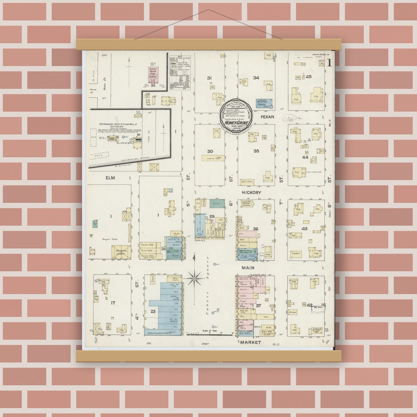 Old map wall art mockup — magnetic wood frame on brick wall — Sanborn Fire Insurance Map from Honey Grove, Fannin County, Texas (1888) - Complete Map Set