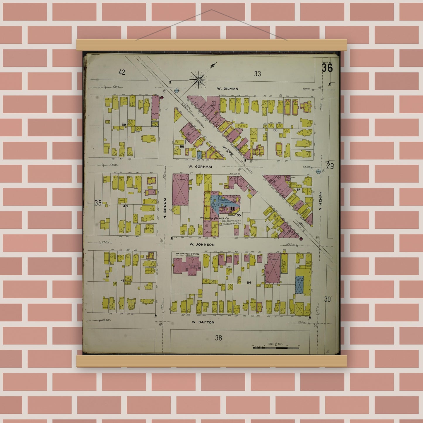 Old map wall art mockup — magnetic wood frame on brick wall — Sanborn Fire Insurance Map from Madison, Dane County, Wisconsin (1908), Sheet #0036