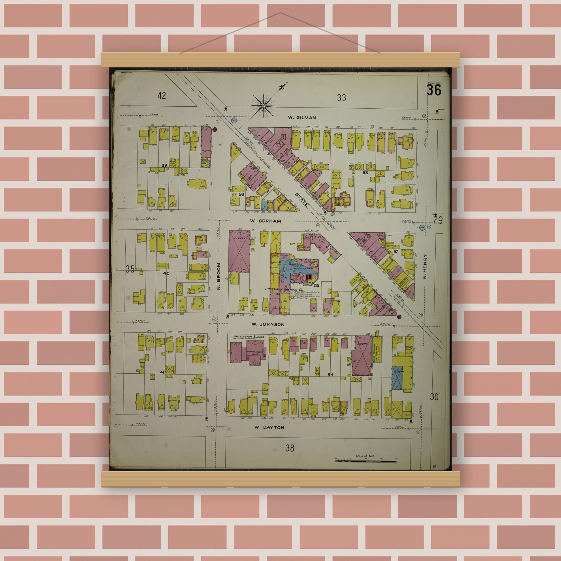 Old map wall art mockup — magnetic wood frame on brick wall — Sanborn Fire Insurance Map from Madison, Dane County, Wisconsin (1908), Sheet #0036
