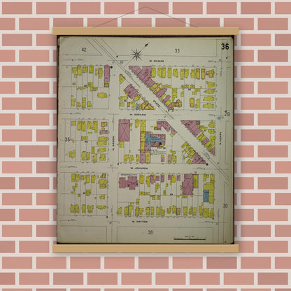 Old map wall art mockup — magnetic wood frame on brick wall — Sanborn Fire Insurance Map from Madison, Dane County, Wisconsin (1908), Sheet #0036