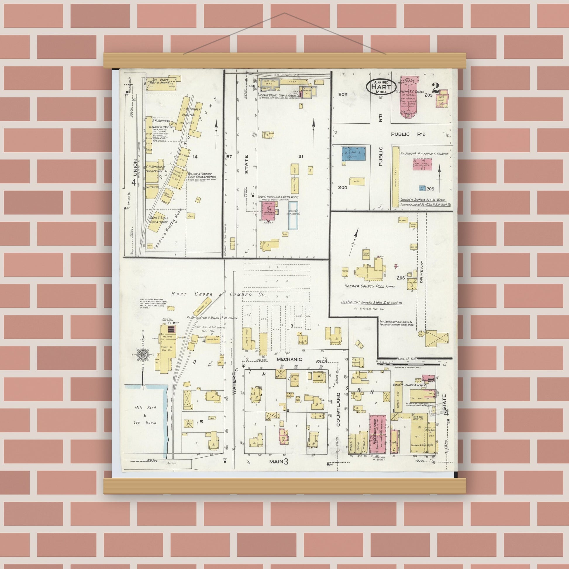 Old map wall art mockup — magnetic wood frame on brick wall — Sanborn Fire Insurance Map from Hart, Oceana County, Michigan (1920), Sheet #0002