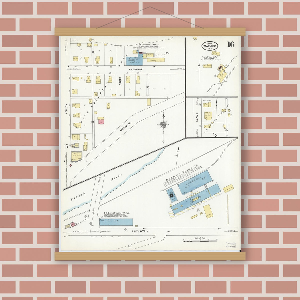 Old map wall art mockup — magnetic wood frame on brick wall — Sanborn Fire Insurance Map from Wabash, Wabash County, Indiana (1910), Sheet #0016