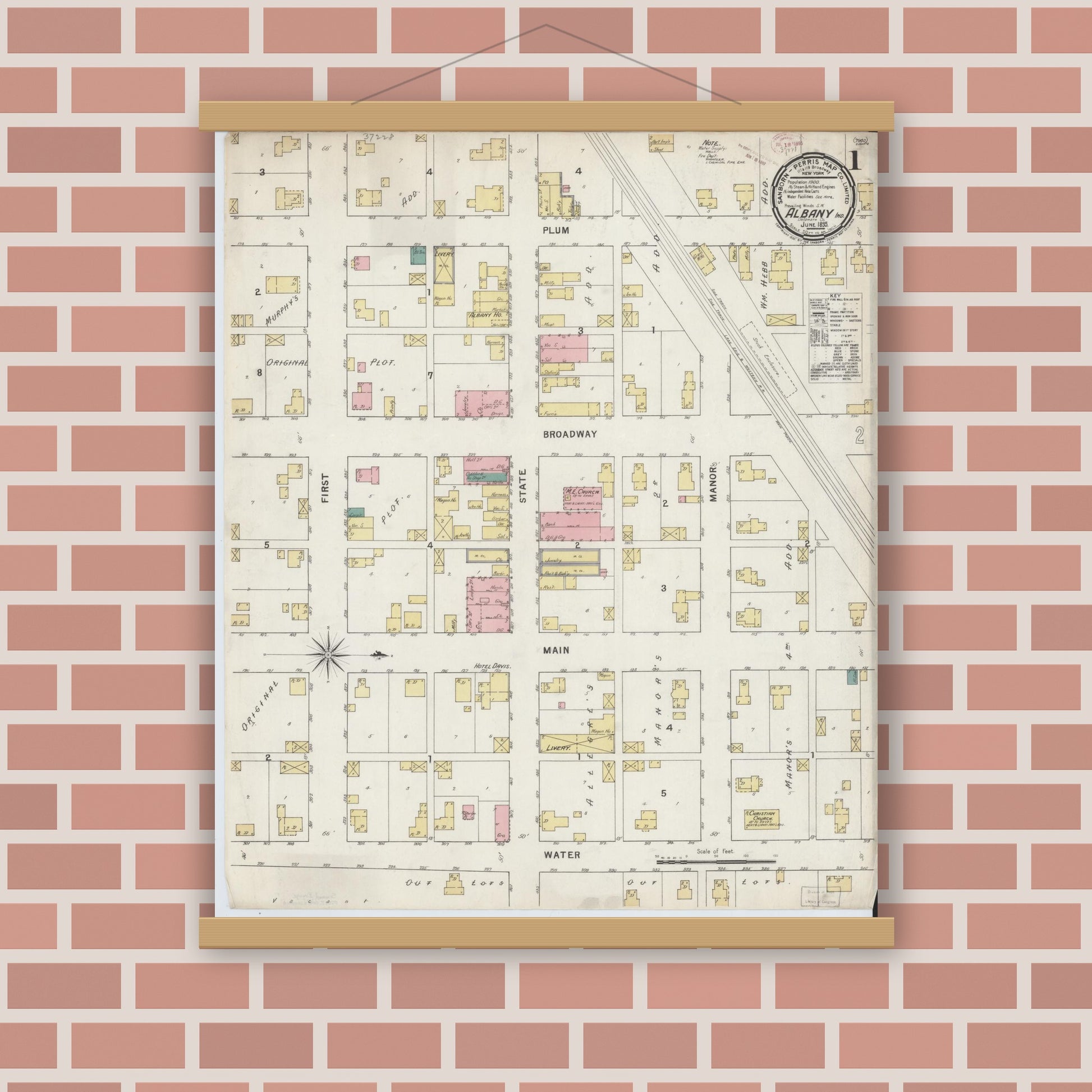 Old map wall art mockup — magnetic wood frame on brick wall — Sanborn Fire Insurance Map from Albany, Delaware County, Indiana (1895) - Complete Map Set