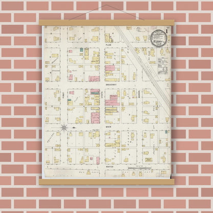 Old map wall art mockup — magnetic wood frame on brick wall — Sanborn Fire Insurance Map from Albany, Delaware County, Indiana (1895) - Complete Map Set