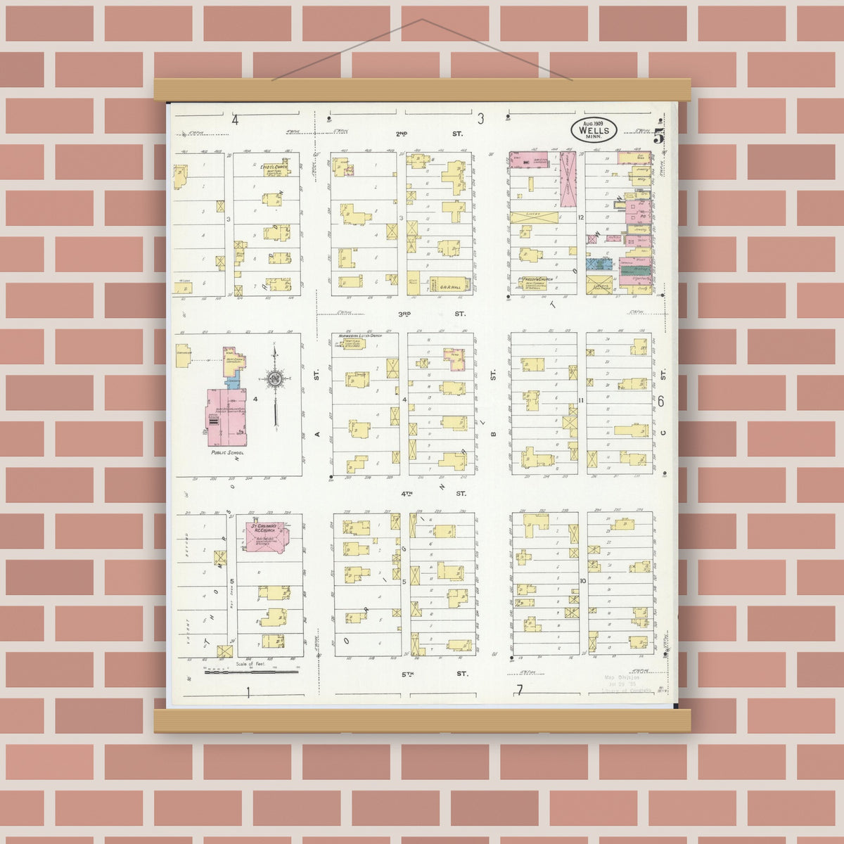 Old map wall art mockup — magnetic wood frame on brick wall — Sanborn Fire Insurance Map from Wells, Faribault County, Minnesota (1909), Sheet #0005