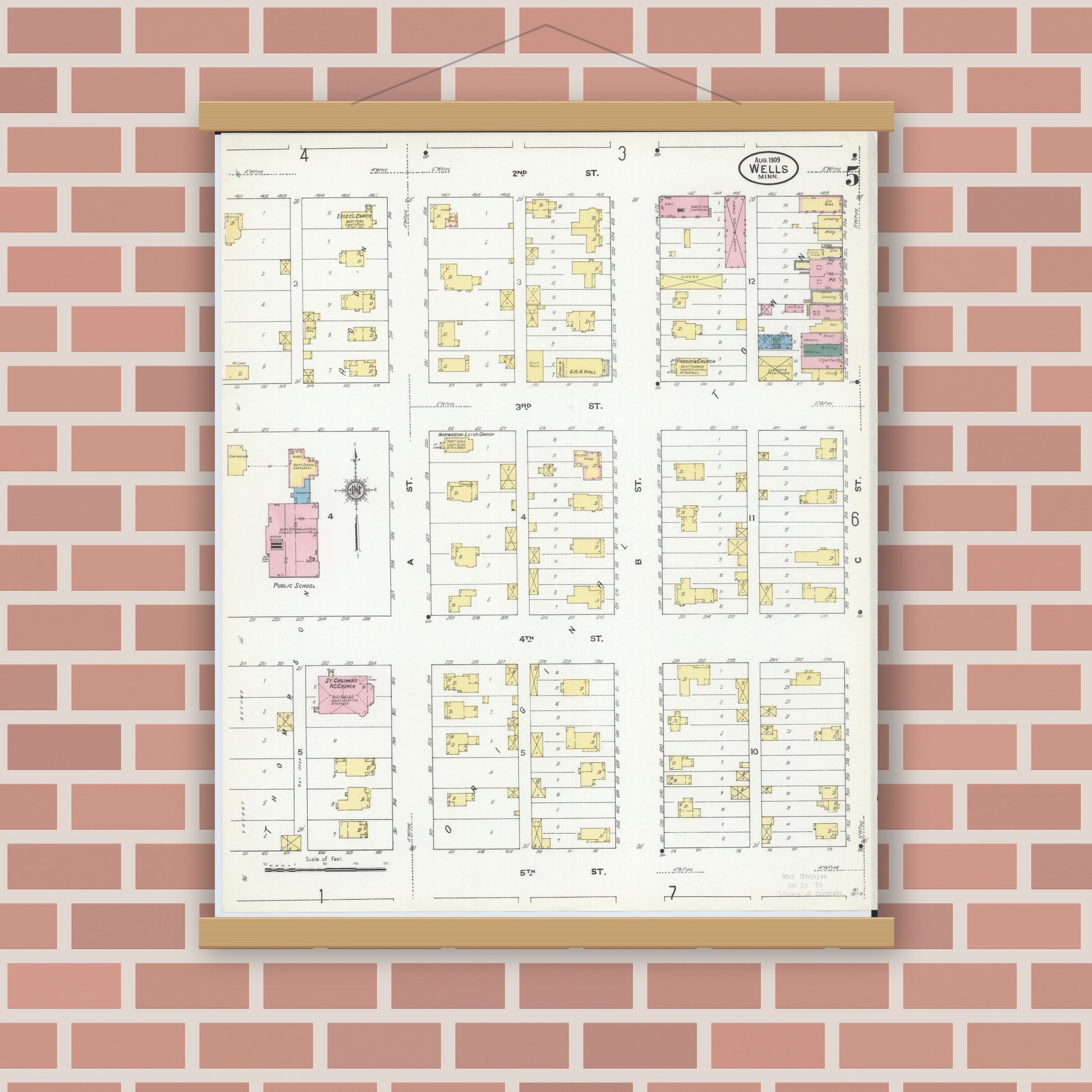 Old map wall art mockup — magnetic wood frame on brick wall — Sanborn Fire Insurance Map from Wells, Faribault County, Minnesota (1909), Sheet #0005