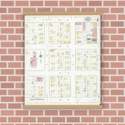 Old map wall art mockup — magnetic wood frame on brick wall — Sanborn Fire Insurance Map from Wells, Faribault County, Minnesota (1909), Sheet #0005