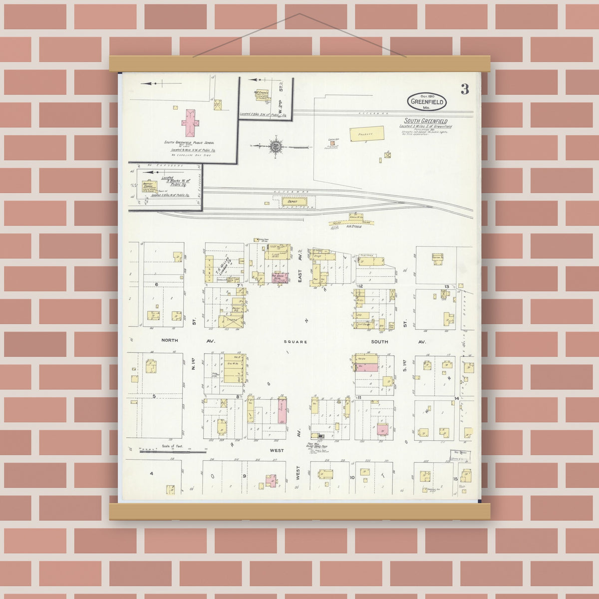 Old map wall art mockup — magnetic wood frame on brick wall — Sanborn Fire Insurance Map from Greenfield, Dade County, Missouri (1910), Sheet #0003
