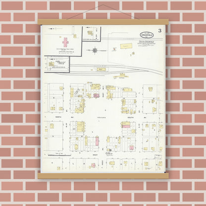 Old map wall art mockup — magnetic wood frame on brick wall — Sanborn Fire Insurance Map from Greenfield, Dade County, Missouri (1910), Sheet #0003