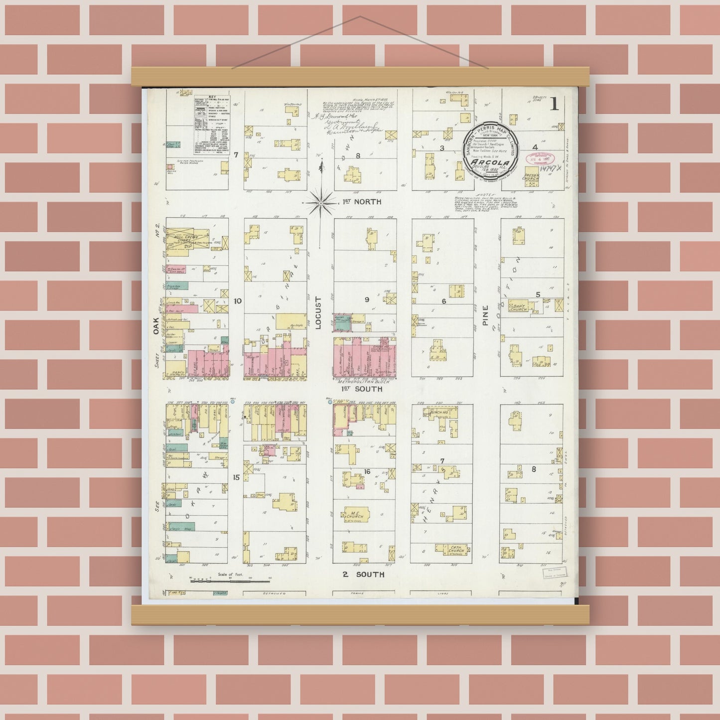 Old map wall art mockup — magnetic wood frame on brick wall — Sanborn Fire Insurance Map from Arcola, Douglas County, Illinois (1892), Sheet #0001