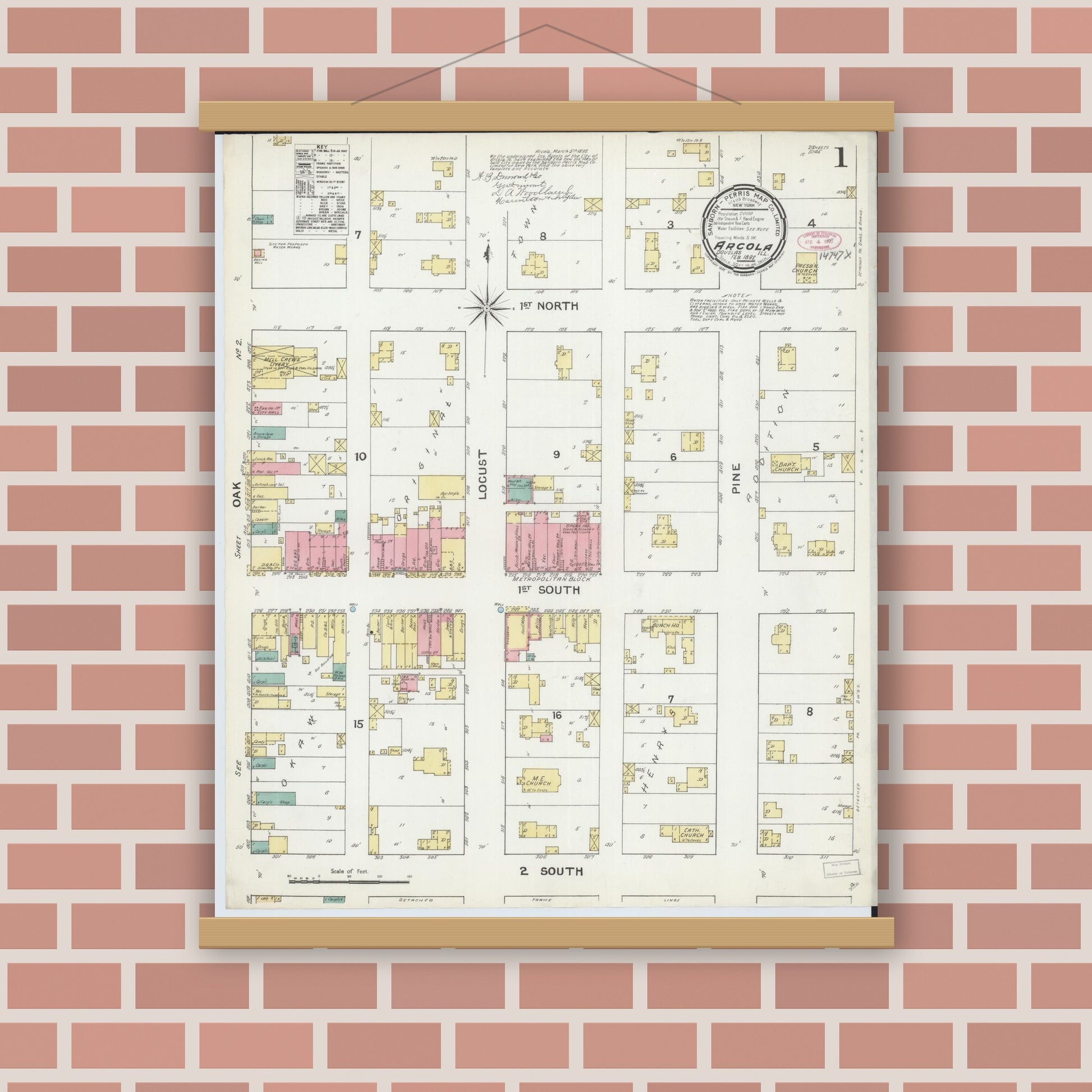 Old map wall art mockup — magnetic wood frame on brick wall — Sanborn Fire Insurance Map from Arcola, Douglas County, Illinois (1892), Sheet #0001