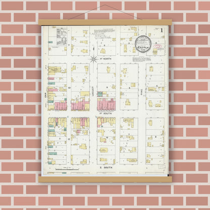 Old map wall art mockup — magnetic wood frame on brick wall — Sanborn Fire Insurance Map from Arcola, Douglas County, Illinois (1892), Sheet #0001