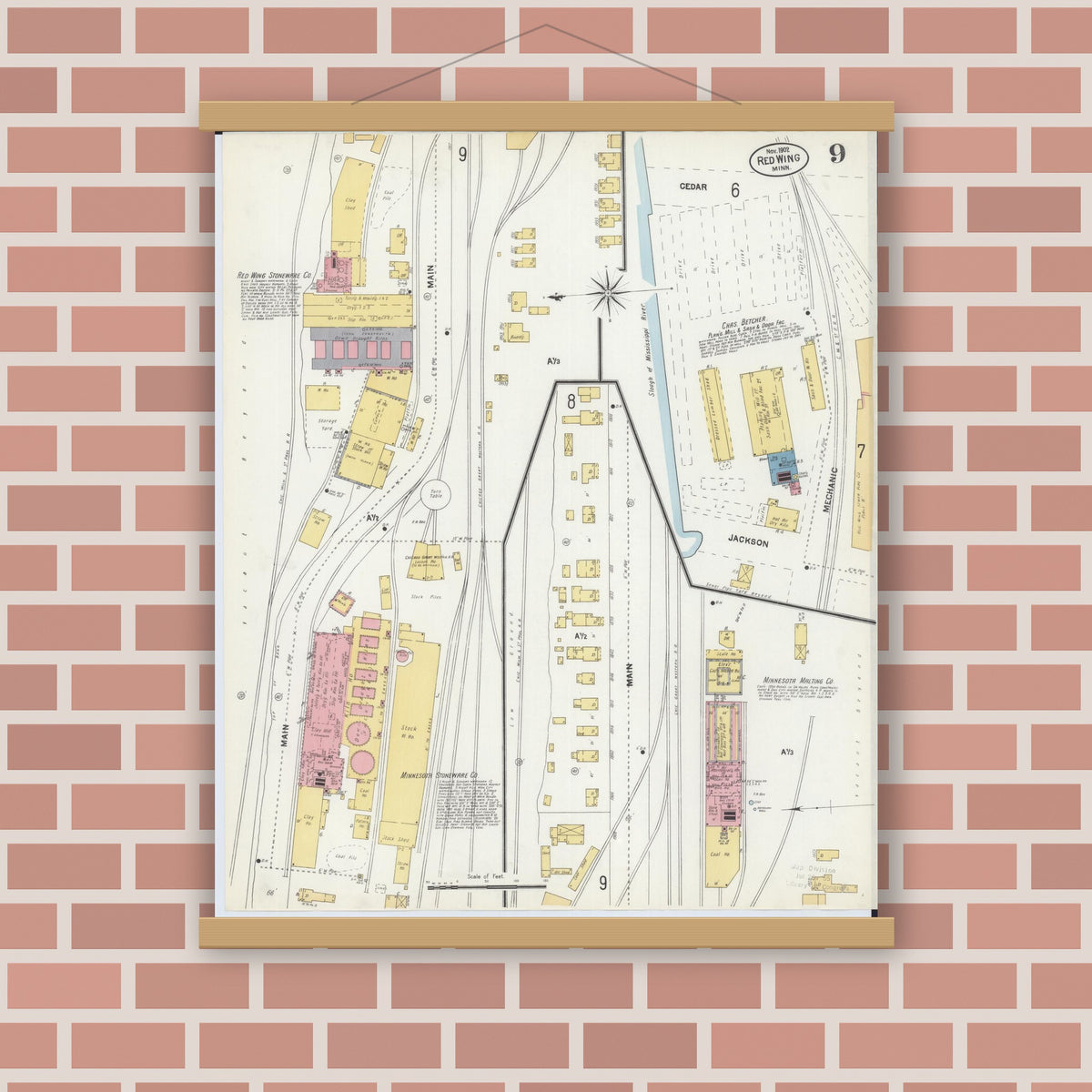 Old map wall art mockup — magnetic wood frame on brick wall — Sanborn Fire Insurance Map from Red Wing, Goodhue County, Minnesota (1902), Sheet #0009
