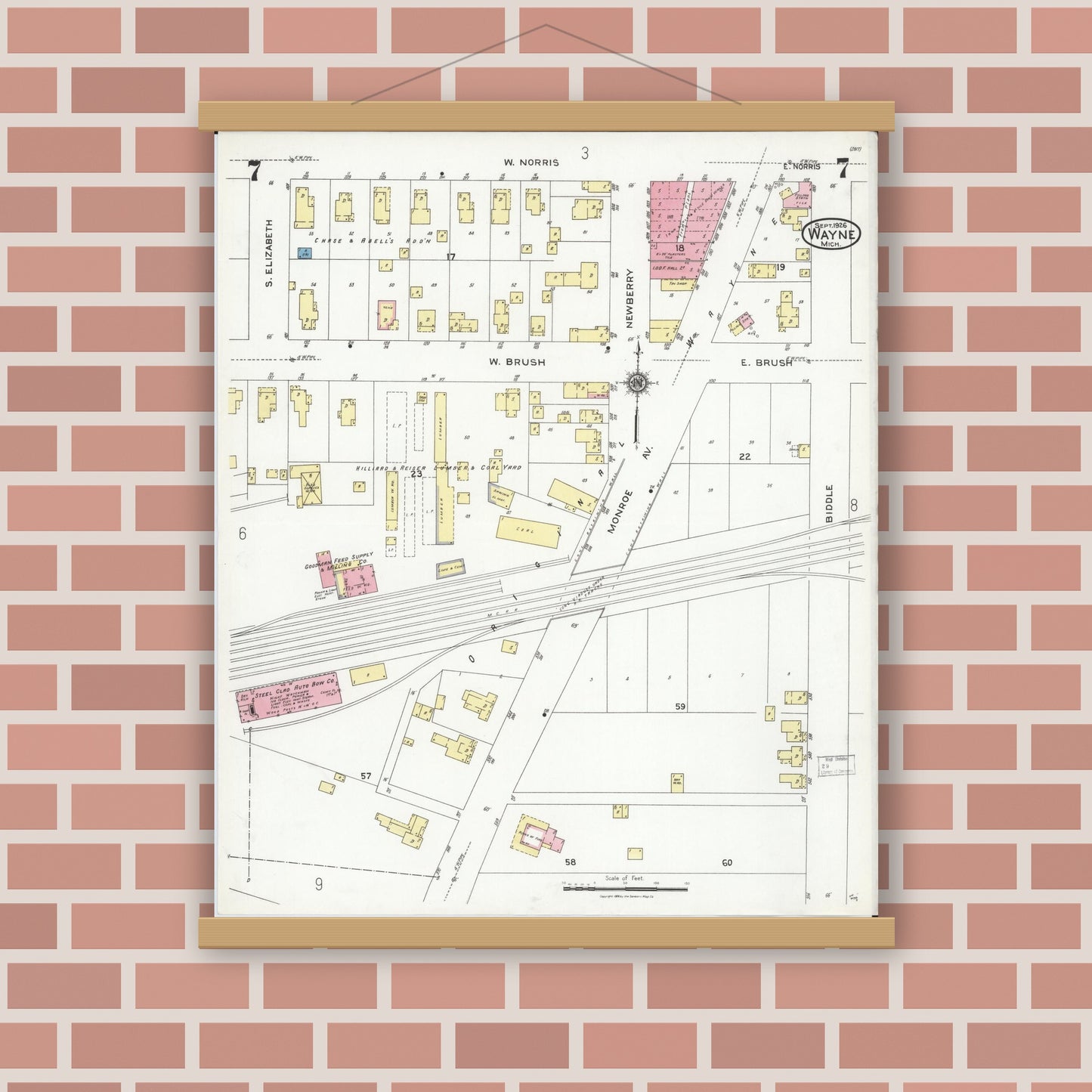 Old map wall art mockup — magnetic wood frame on brick wall — Sanborn Fire Insurance Map from Wayne, Wayne County, Michigan (1926), Sheet #0007