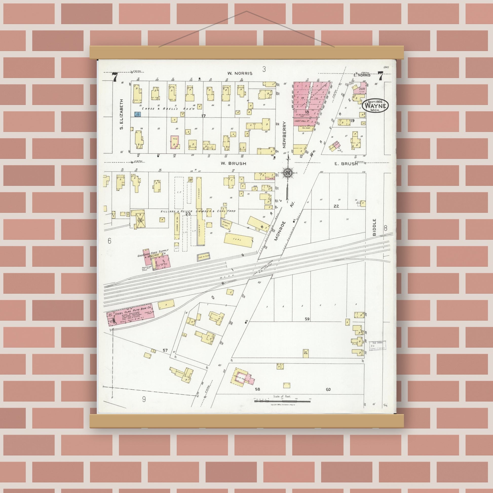Old map wall art mockup — magnetic wood frame on brick wall — Sanborn Fire Insurance Map from Wayne, Wayne County, Michigan (1926), Sheet #0007