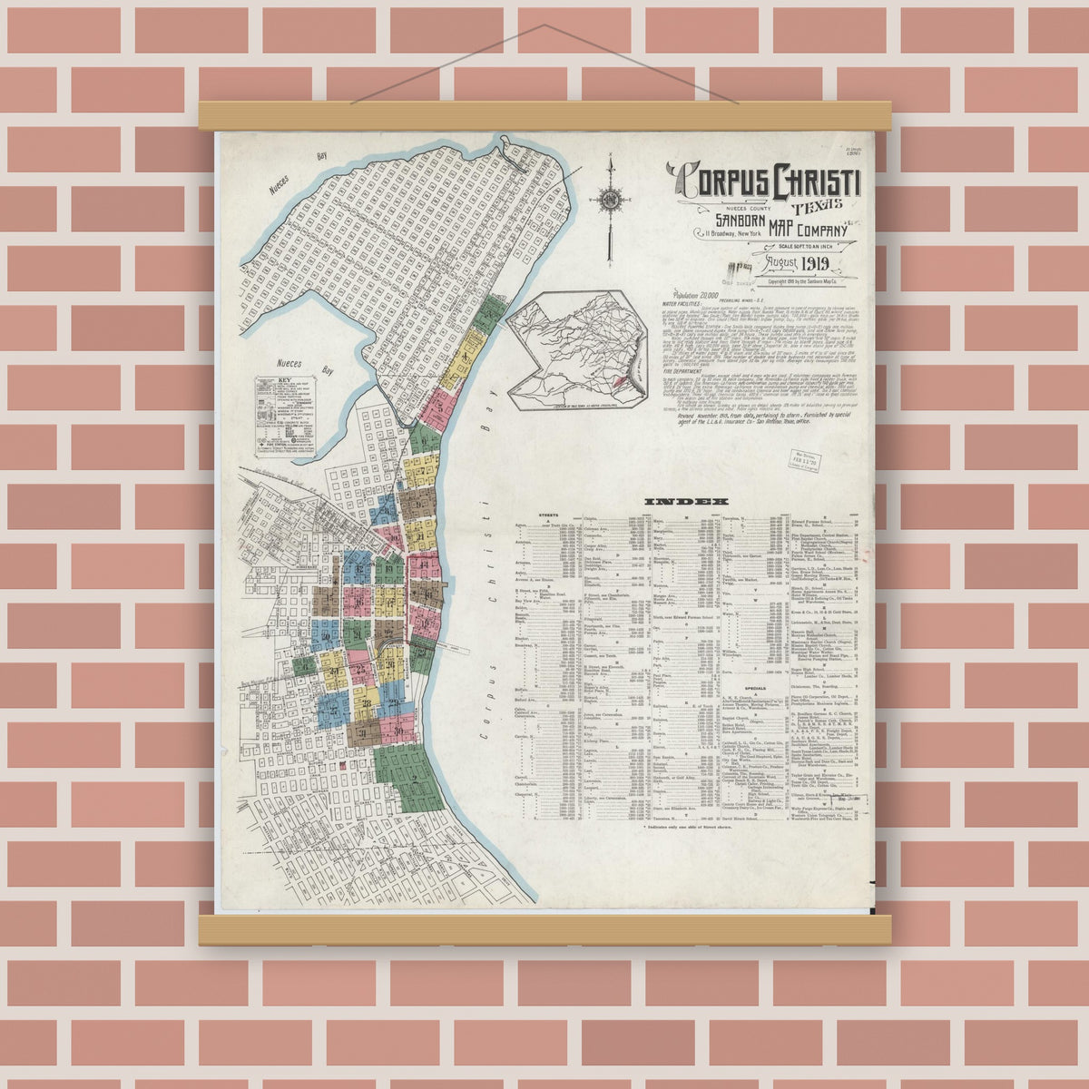 Old map wall art mockup — magnetic wood frame on brick wall — Sanborn Fire Insurance Map from Corpus Christi, Nueces County, Texas (1919) - Complete Map Set