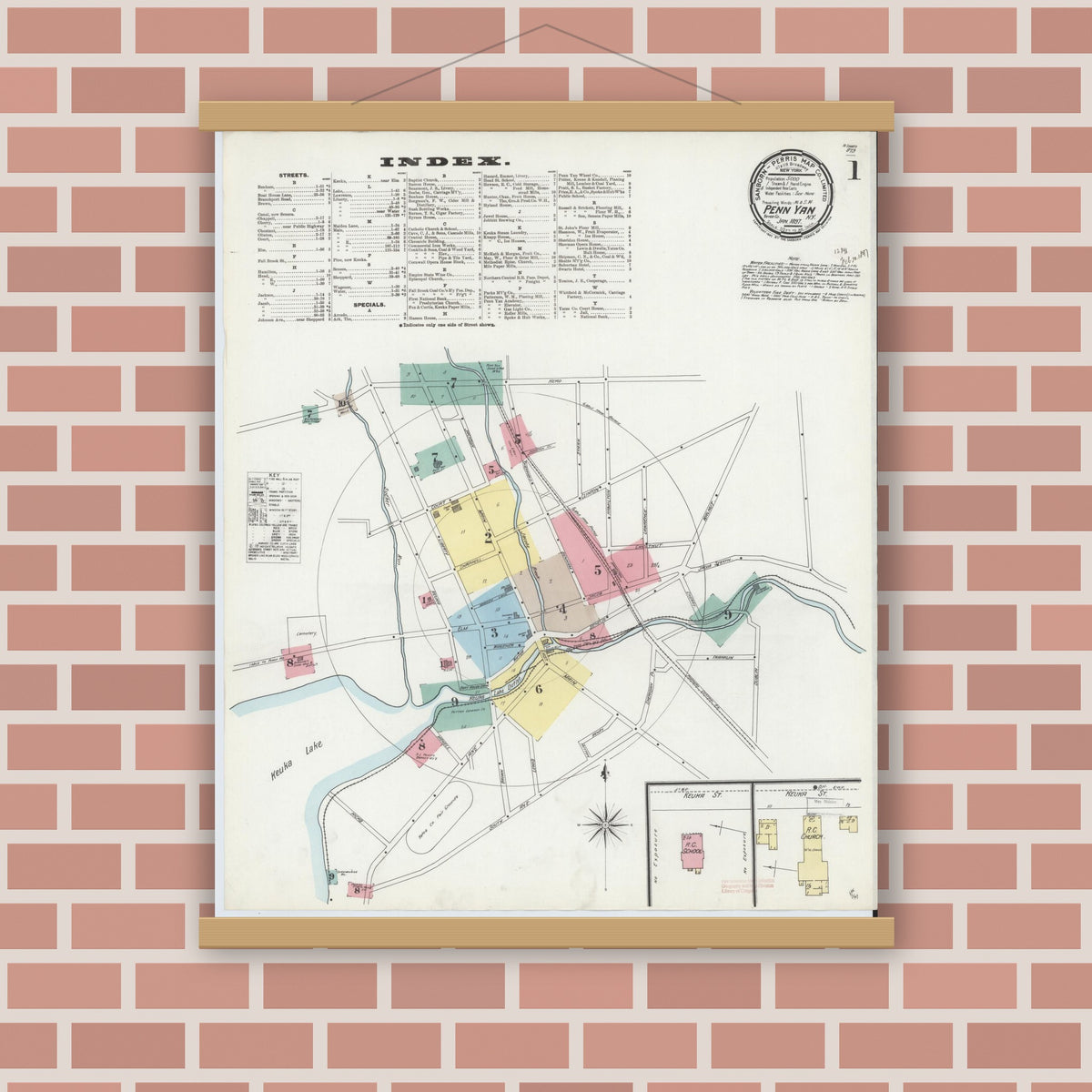 Old map wall art mockup — magnetic wood frame on brick wall — Sanborn Fire Insurance Map from Penn Yan, Yates County, New York (1897) - Complete Map Set