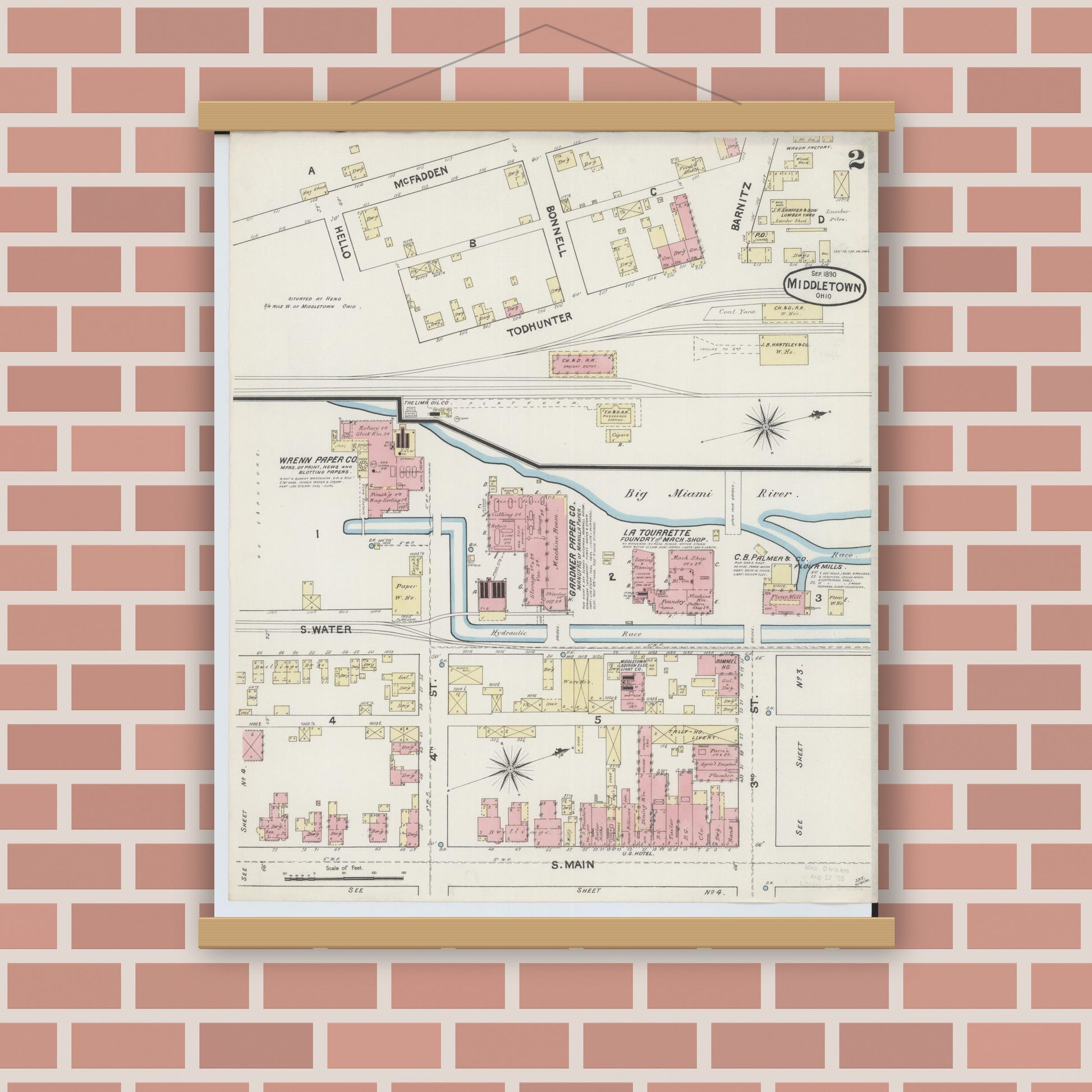 Old map wall art mockup — magnetic wood frame on brick wall — Sanborn Fire Insurance Map from Middletown, Butler County, Ohio (1890), Sheet #0002