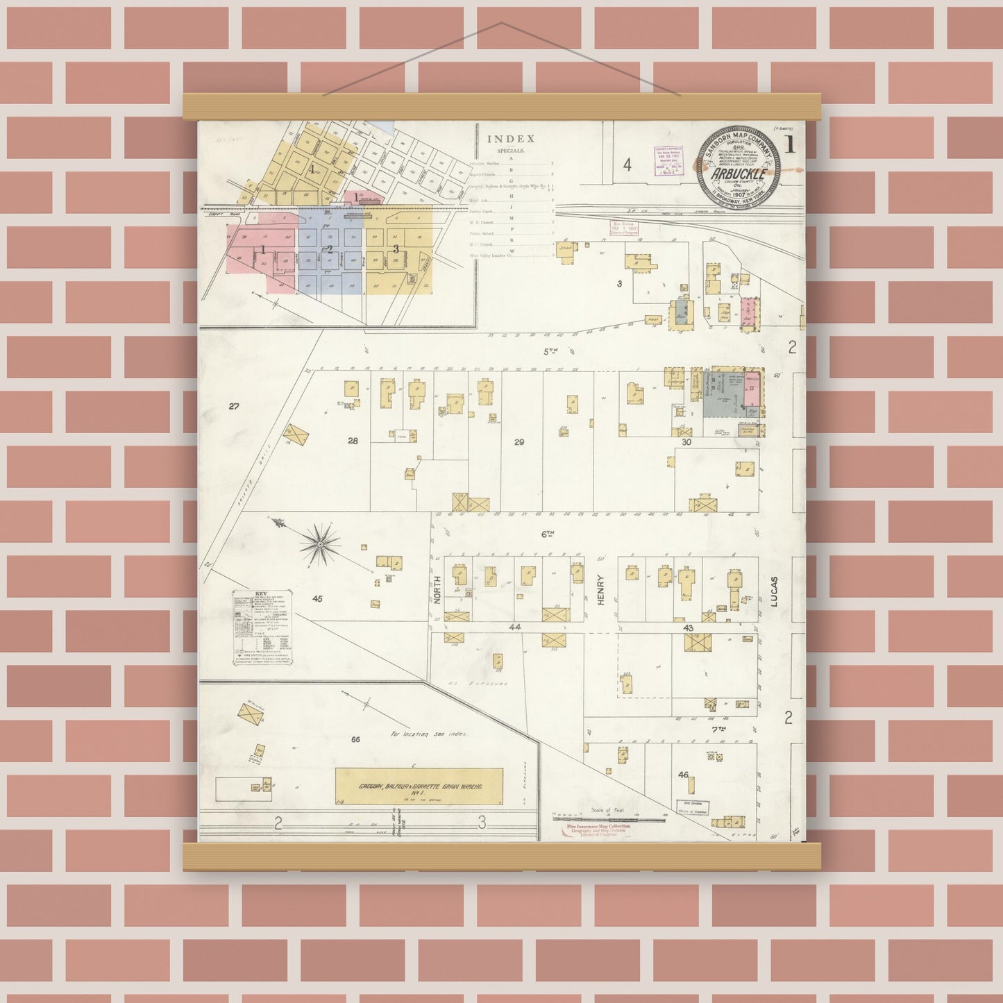 Old map wall art mockup — magnetic wood frame on brick wall — Sanborn Fire Insurance Map from Arbuckle, Colusa County, California (1907), Sheet #0001
