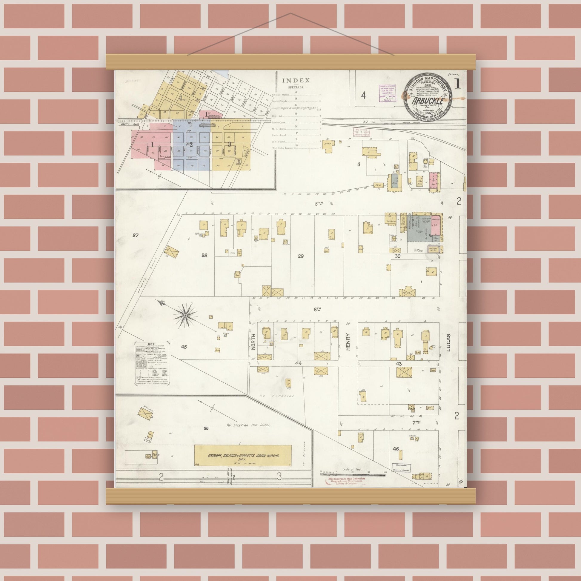 Old map wall art mockup — magnetic wood frame on brick wall — Sanborn Fire Insurance Map from Arbuckle, Colusa County, California (1907), Sheet #0001