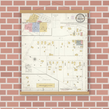 Old map wall art mockup — magnetic wood frame on brick wall — Sanborn Fire Insurance Map from Arbuckle, Colusa County, California (1907), Sheet #0001