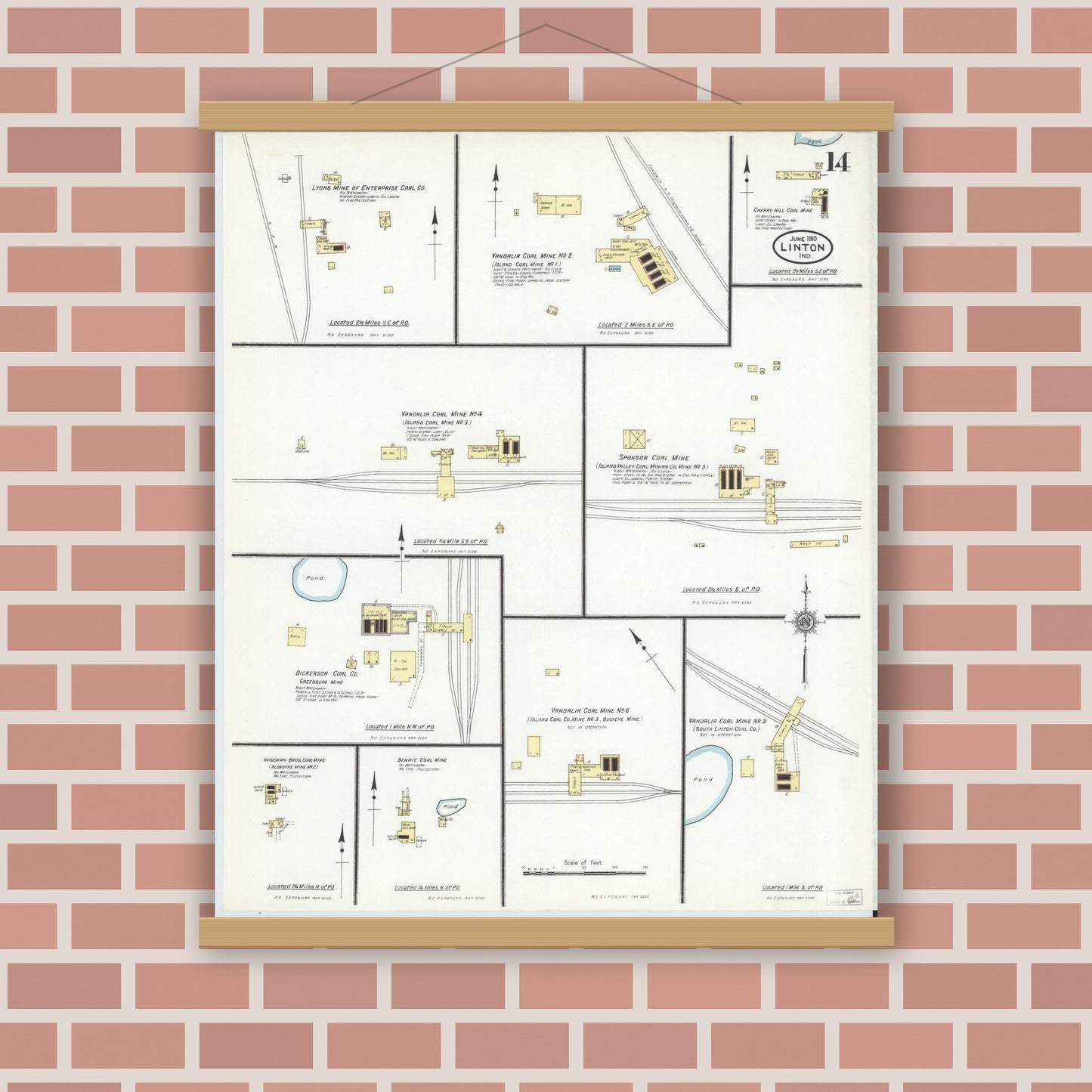 Old map wall art mockup — magnetic wood frame on brick wall — Sanborn Fire Insurance Map from Linton, Greene County, Indiana (1910), Sheet #0014