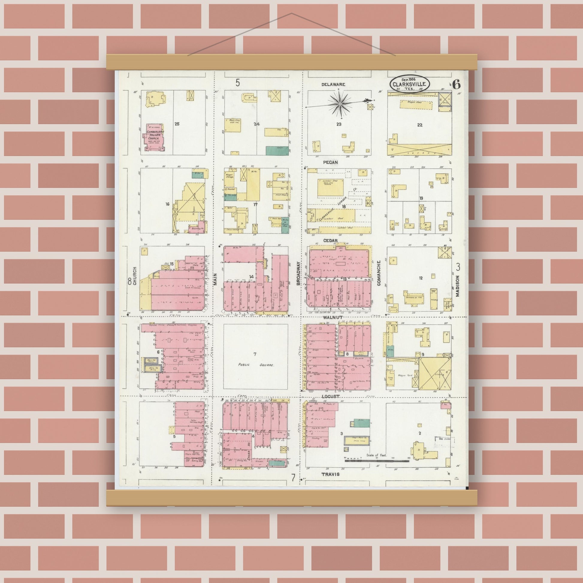 Old map wall art mockup — magnetic wood frame on brick wall — Sanborn Fire Insurance Map from Clarksville, Red River County, Texas (1906), Sheet #0006
