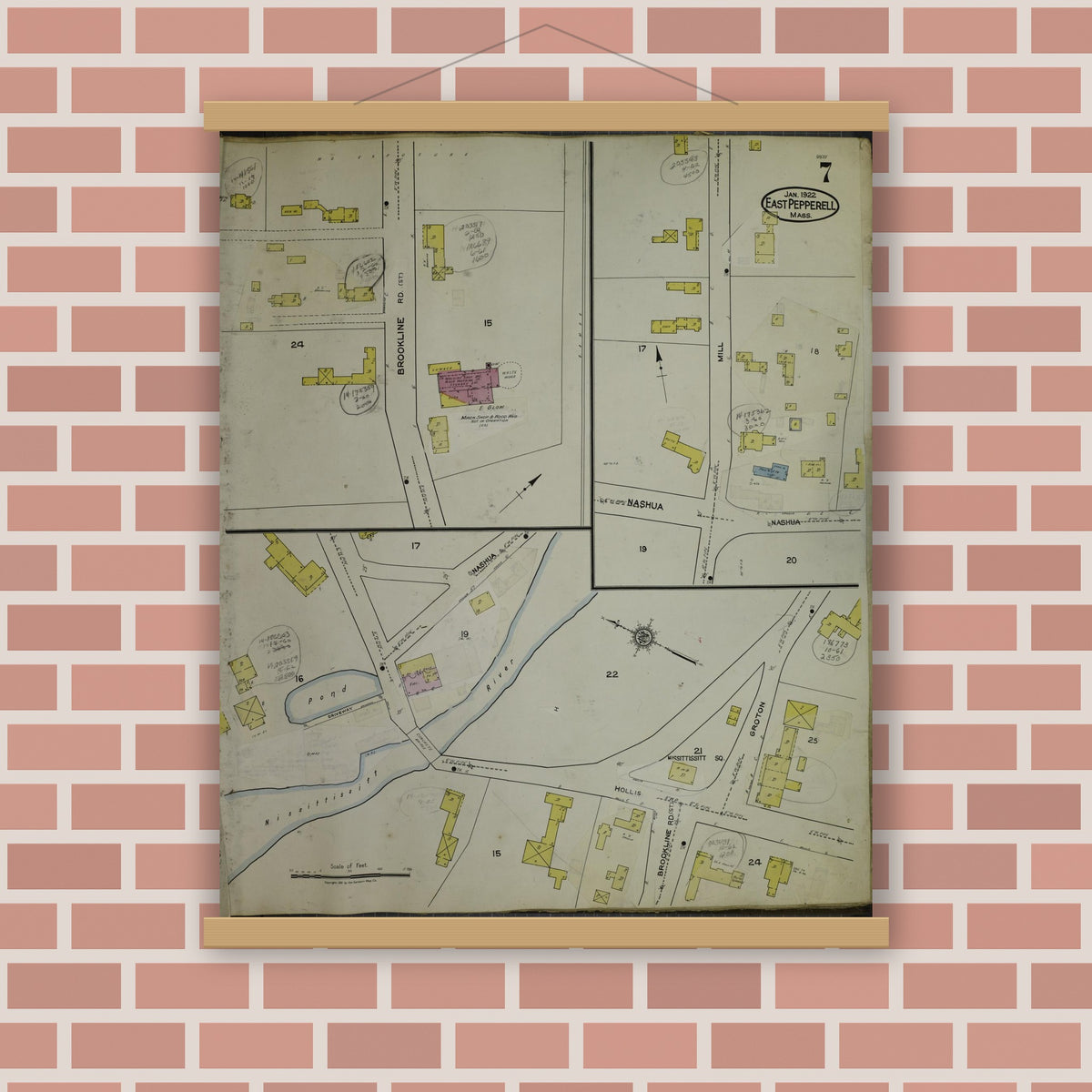 Old map wall art mockup — magnetic wood frame on brick wall — Sanborn Fire Insurance Map from East Pepperell, Middlesex County, Massachusetts (1953), Sheet #0007