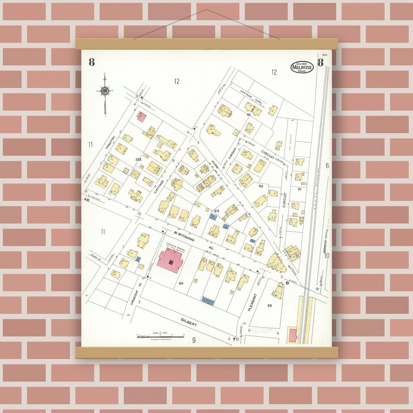 Old map wall art mockup — magnetic wood frame on brick wall — Sanborn Fire Insurance Map from Melrose, Middlesex County, Massachusetts (1923), Sheet #0008