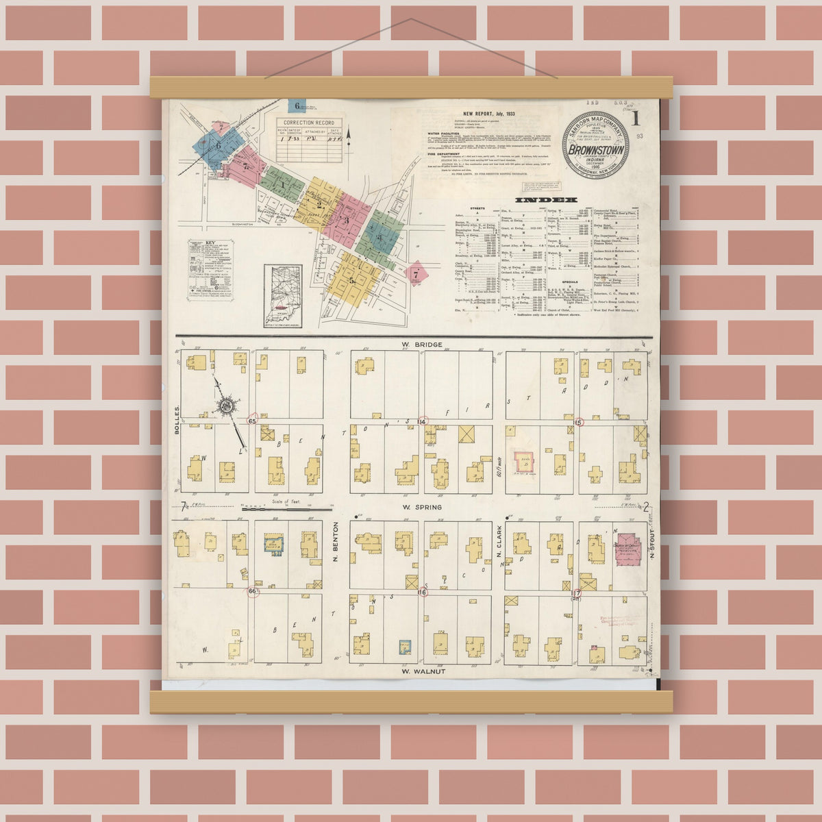 Old map wall art mockup — magnetic wood frame on brick wall — Sanborn Fire Insurance Map from Brownstown, Jackson County, Indiana (1933), Sheet #0001