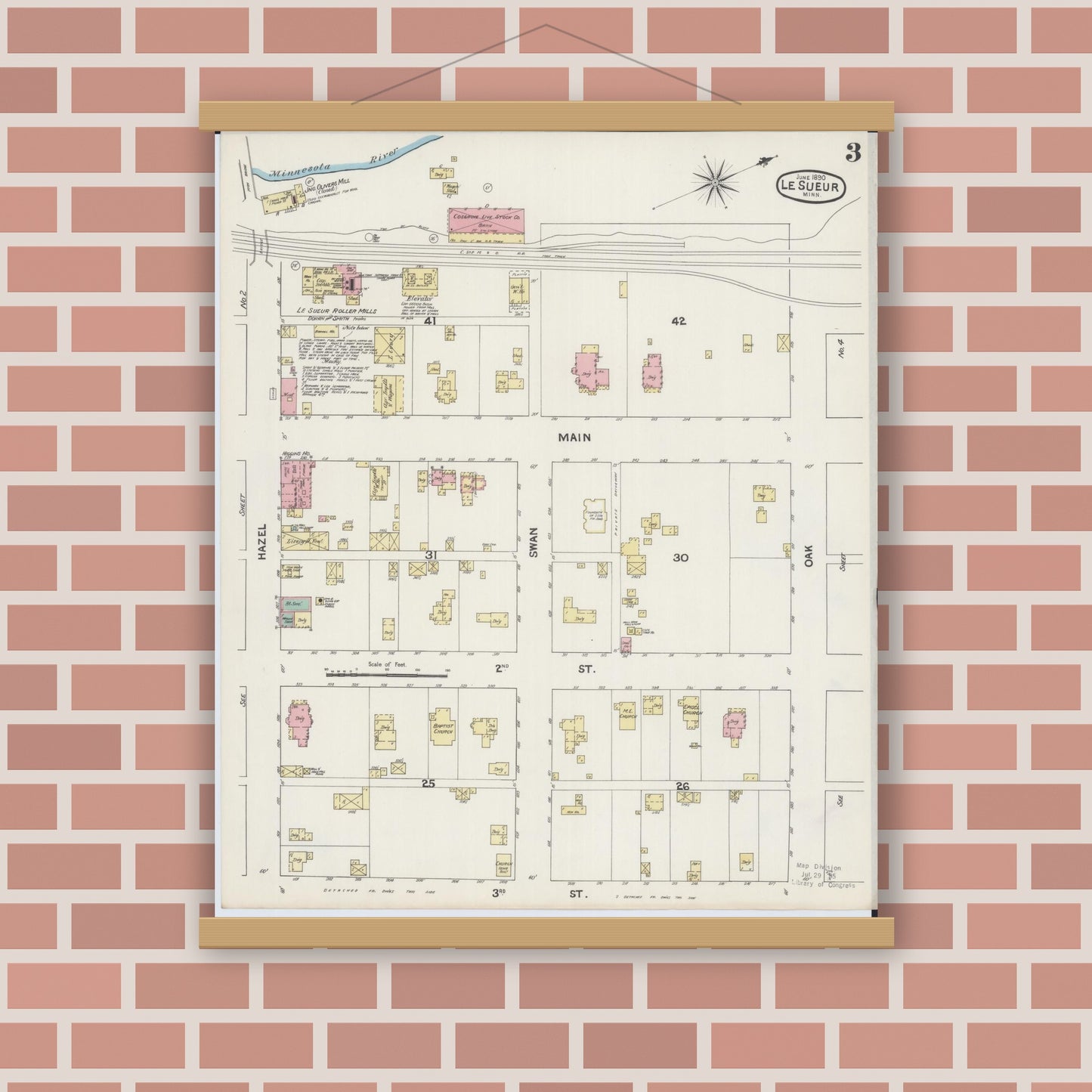 Old map wall art mockup — magnetic wood frame on brick wall — Sanborn Fire Insurance Map from Le Sueur, Le Sueur County, Minnesota (1890), Sheet #0003