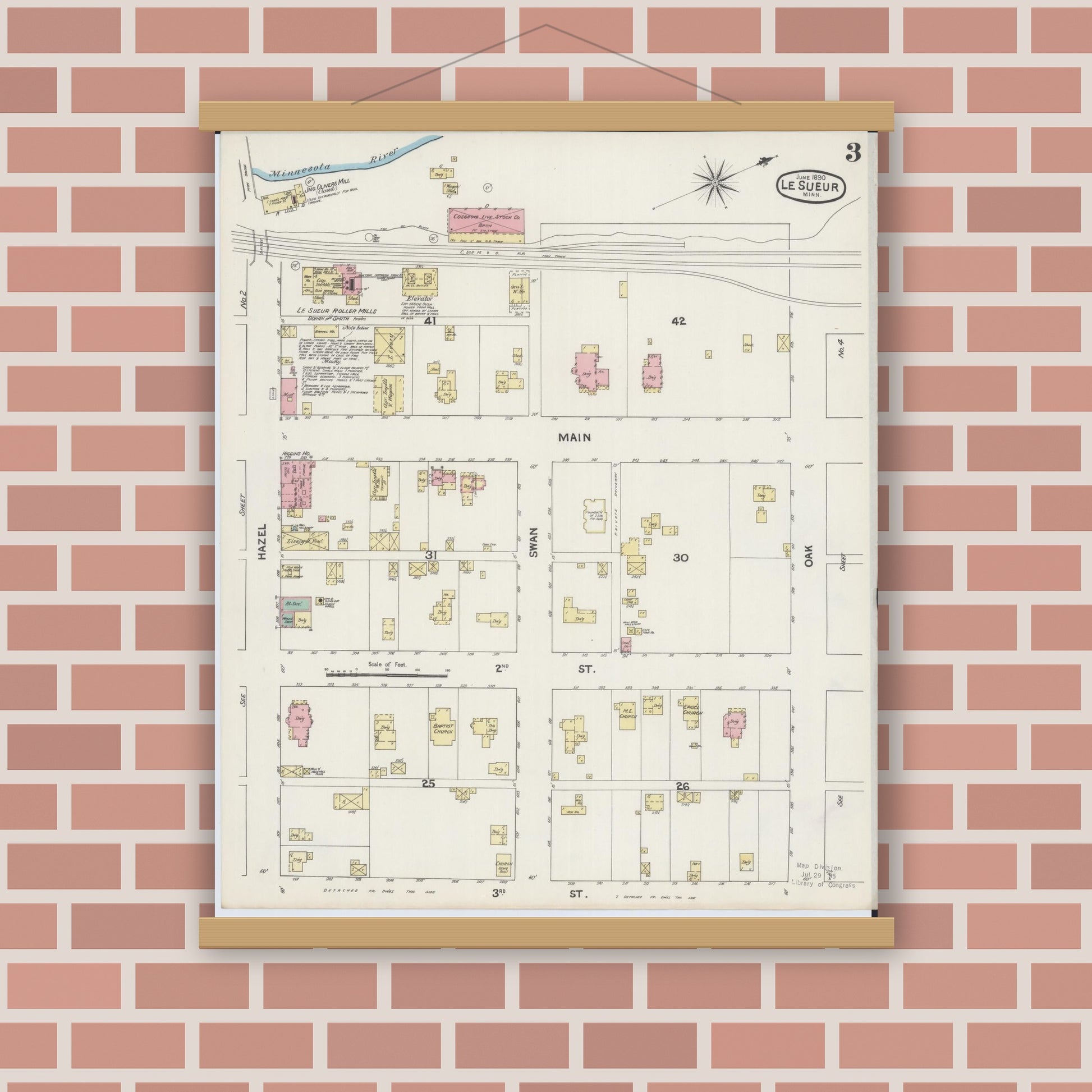 Old map wall art mockup — magnetic wood frame on brick wall — Sanborn Fire Insurance Map from Le Sueur, Le Sueur County, Minnesota (1890), Sheet #0003