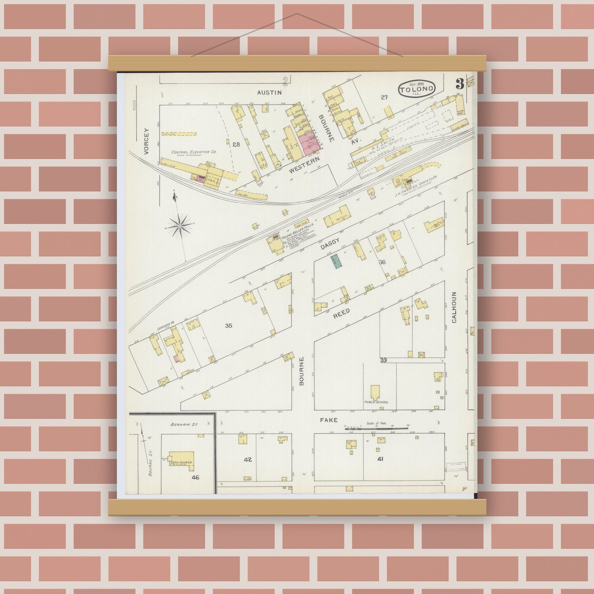 Old map wall art mockup — magnetic wood frame on brick wall — Sanborn Fire Insurance Map from Tolono, Champaign County, Illinois (1893), Sheet #0003