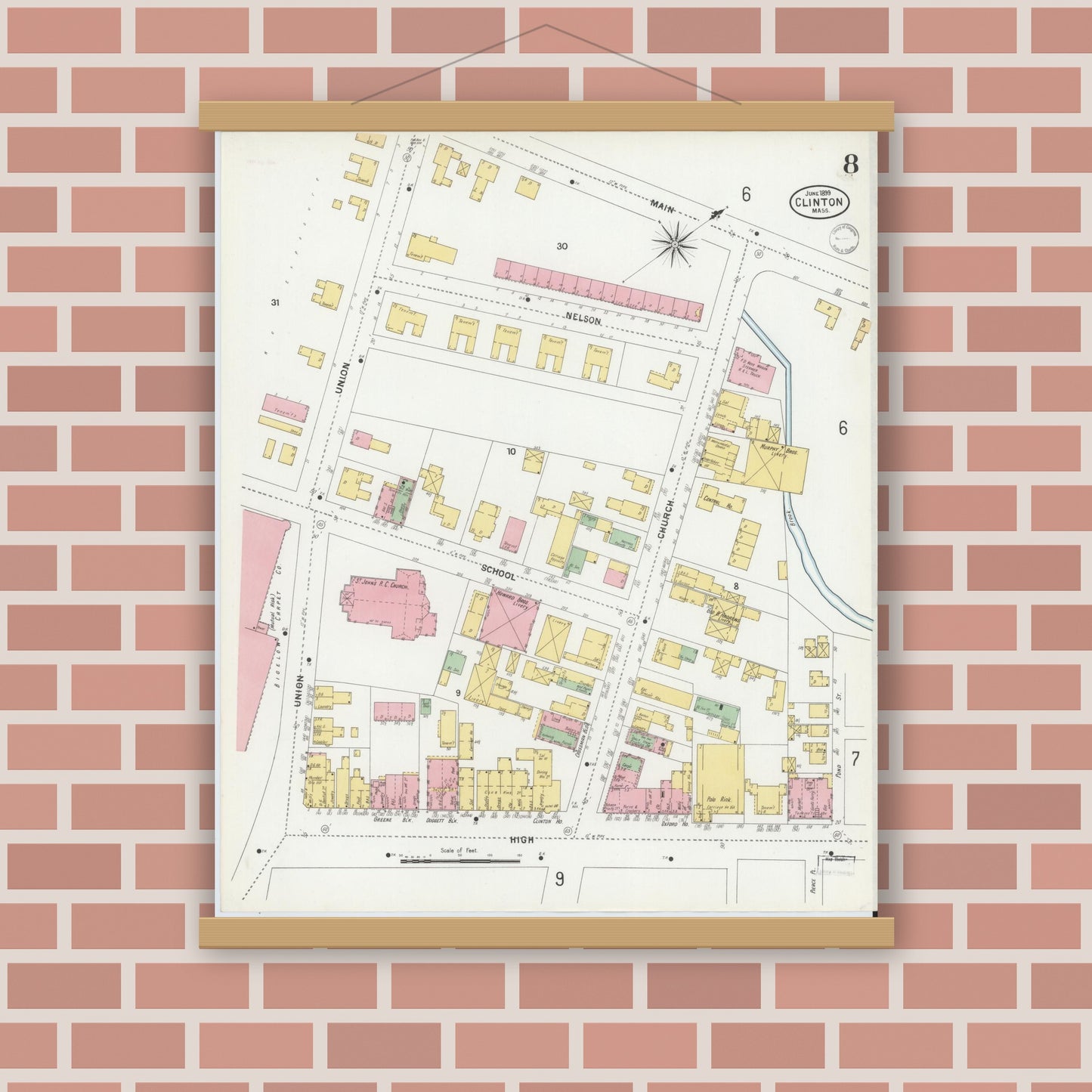 Old map wall art mockup — magnetic wood frame on brick wall — Sanborn Fire Insurance Map from Clinton, Worcester County, Massachusetts (1899), Sheet #0008