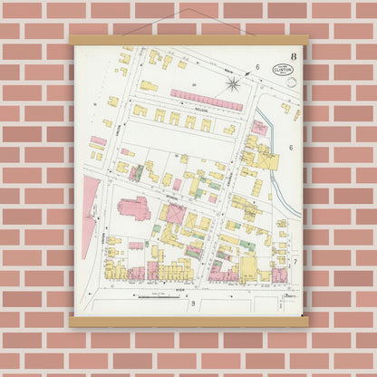 Old map wall art mockup — magnetic wood frame on brick wall — Sanborn Fire Insurance Map from Clinton, Worcester County, Massachusetts (1899), Sheet #0008