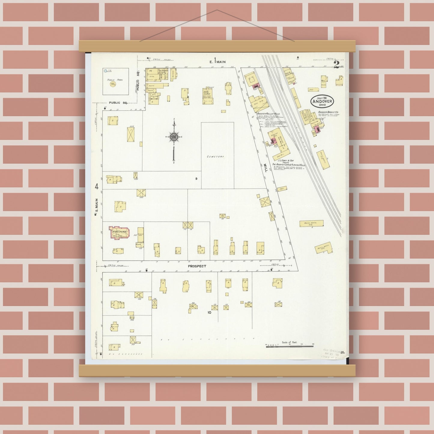 Old map wall art mockup — magnetic wood frame on brick wall — Sanborn Fire Insurance Map from Andover, Ashtabula County, Ohio (1911), Sheet #0002
