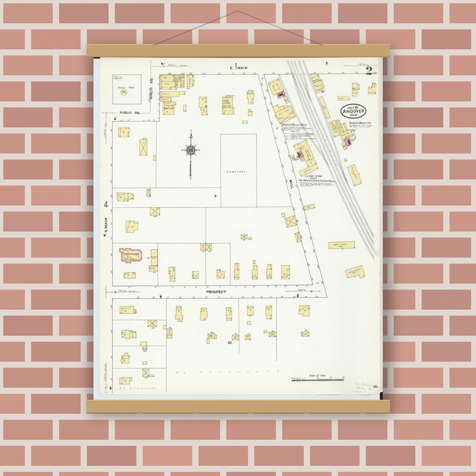 Old map wall art mockup — magnetic wood frame on brick wall — Sanborn Fire Insurance Map from Andover, Ashtabula County, Ohio (1911), Sheet #0002