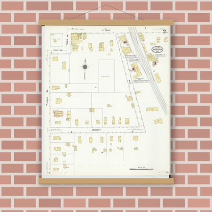 Old map wall art mockup — magnetic wood frame on brick wall — Sanborn Fire Insurance Map from Andover, Ashtabula County, Ohio (1911), Sheet #0002
