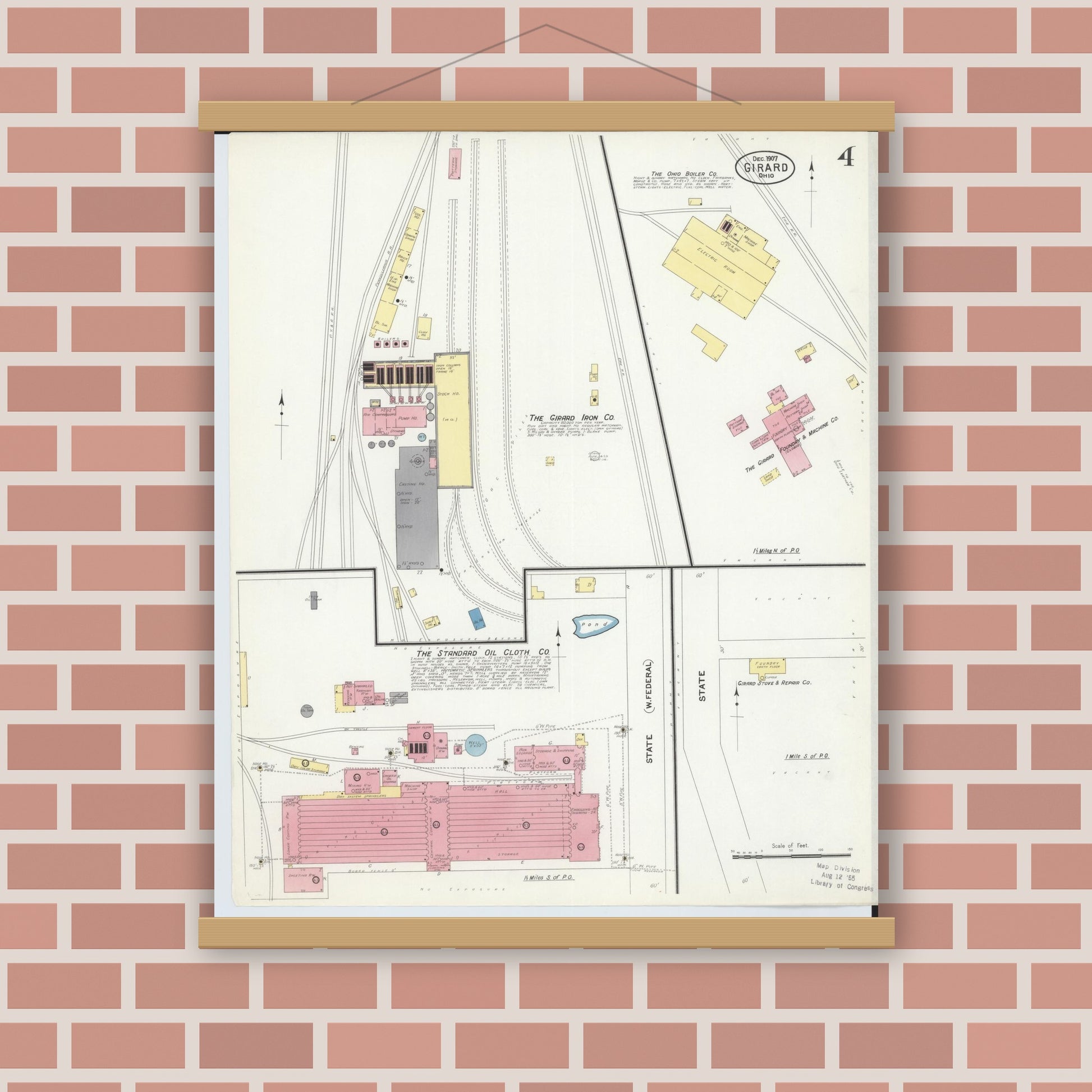 Old map wall art mockup — magnetic wood frame on brick wall — Sanborn Fire Insurance Map from Girard, Trumbull County, Ohio (1907), Sheet #0004