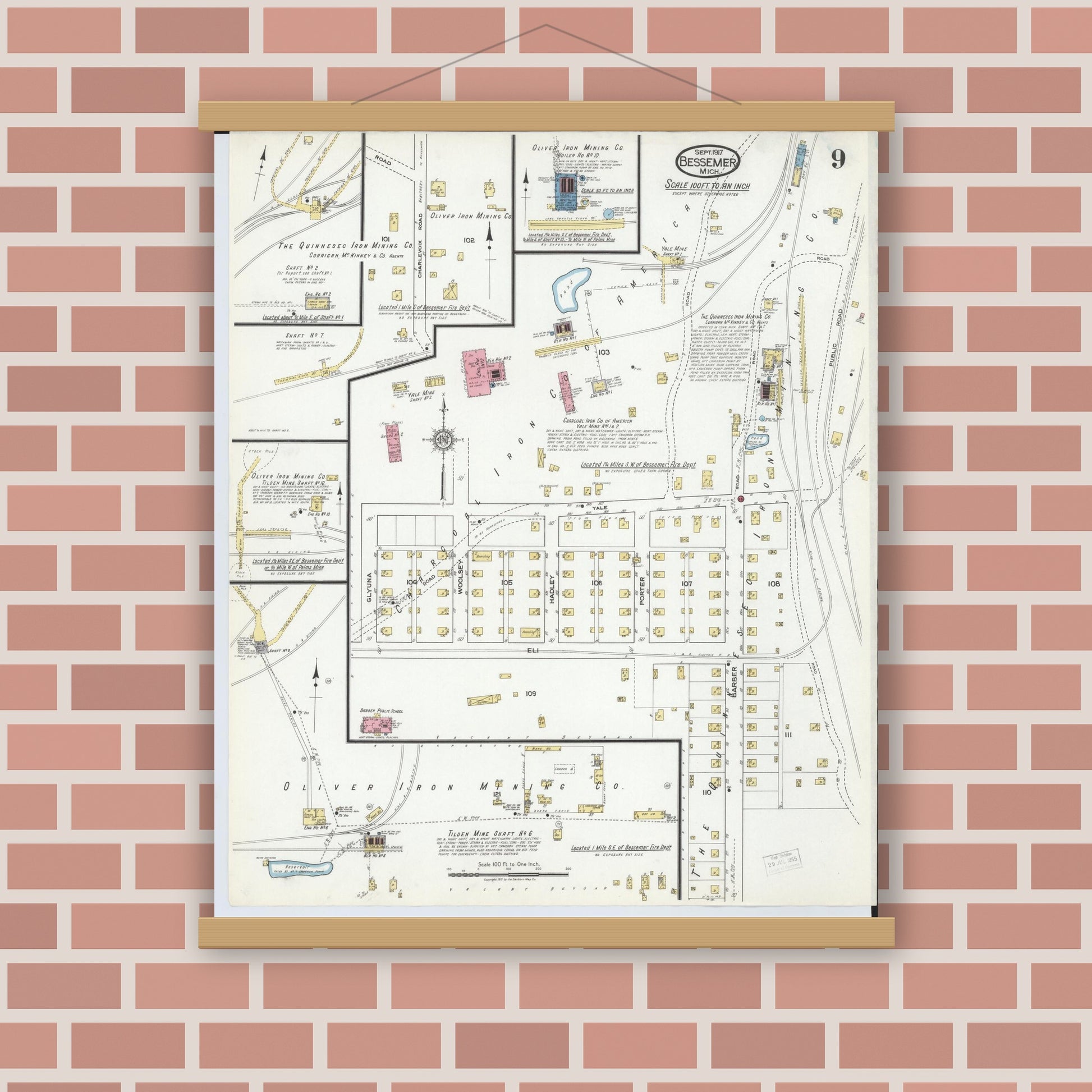 Old map wall art mockup — magnetic wood frame on brick wall — Sanborn Fire Insurance Map from Bessemer, Gogebic County, Michigan (1917), Sheet #0009