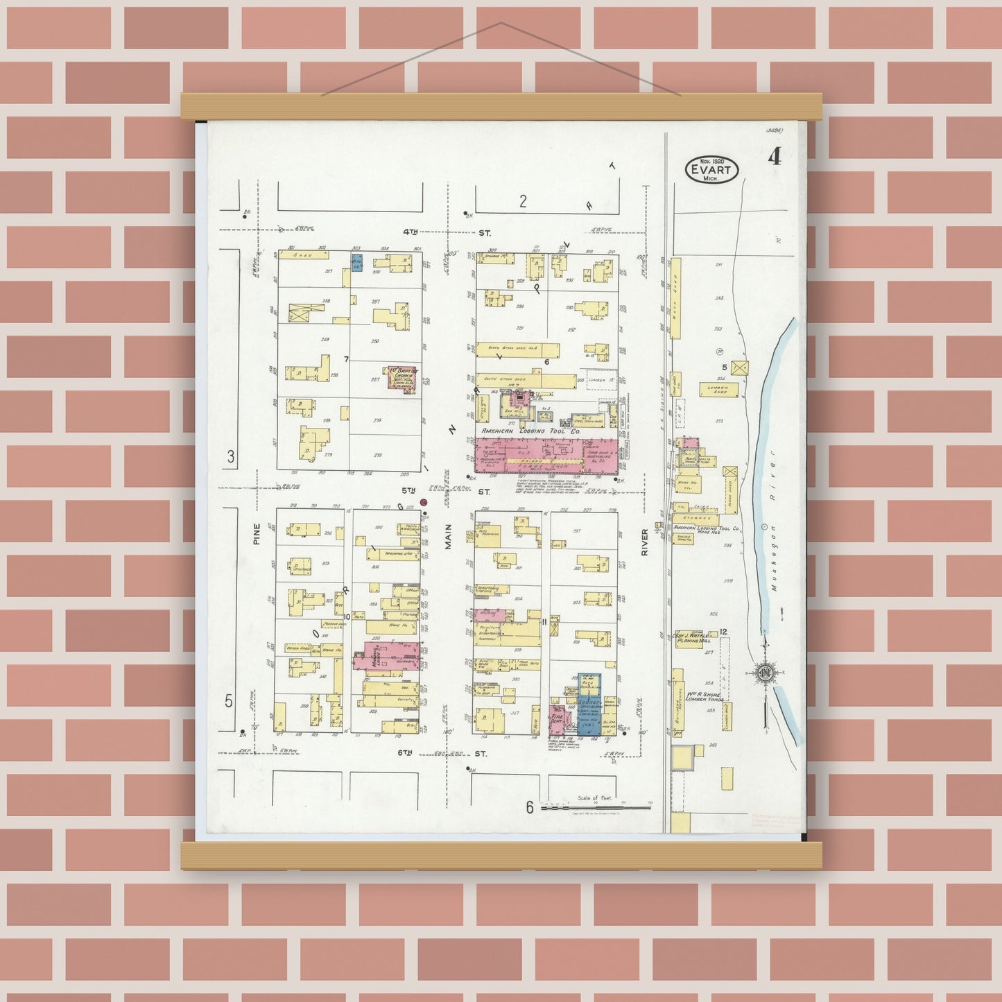 Old map wall art mockup — magnetic wood frame on brick wall — Sanborn Fire Insurance Map from Evart, Osceola County, Michigan (1920), Sheet #0004