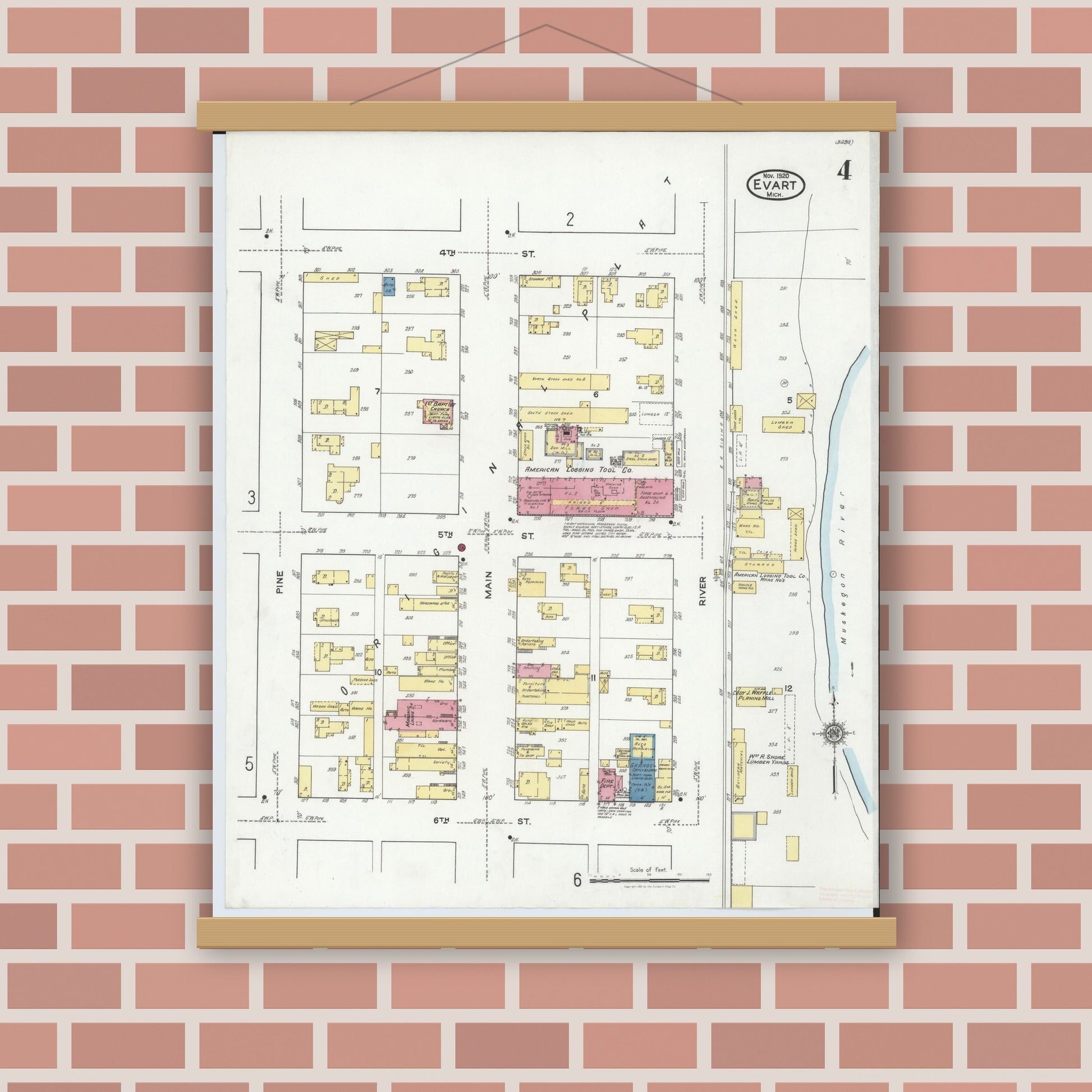 Old map wall art mockup — magnetic wood frame on brick wall — Sanborn Fire Insurance Map from Evart, Osceola County, Michigan (1920), Sheet #0004
