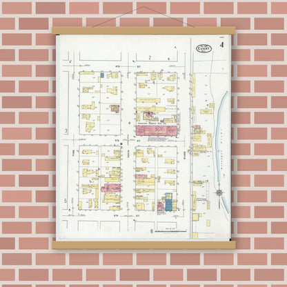 Old map wall art mockup — magnetic wood frame on brick wall — Sanborn Fire Insurance Map from Evart, Osceola County, Michigan (1920), Sheet #0004