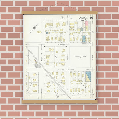 Old map wall art mockup — magnetic wood frame on brick wall — Sanborn Fire Insurance Map from Lincoln, Logan County, Illinois (1914), Sheet #0016