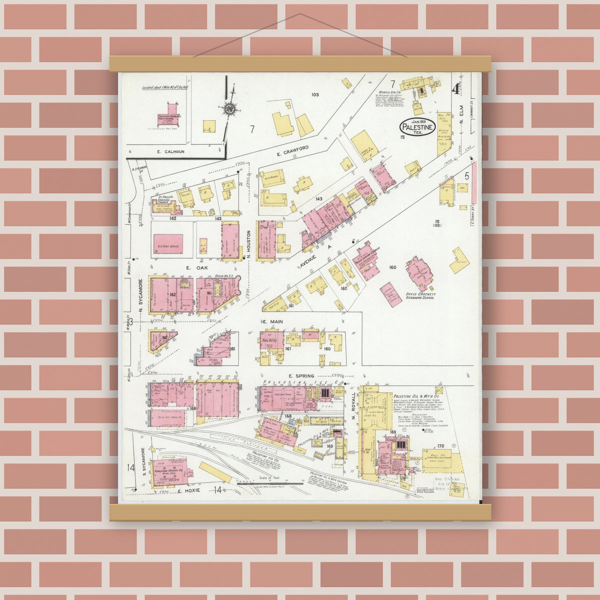 Old map wall art mockup — magnetic wood frame on brick wall — Sanborn Fire Insurance Map from Palestine, Anderson County, Texas (1919), Sheet #0004