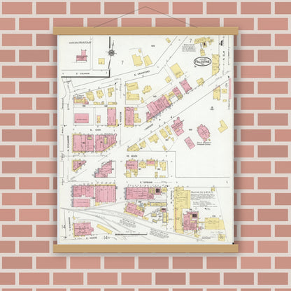 Old map wall art mockup — magnetic wood frame on brick wall — Sanborn Fire Insurance Map from Palestine, Anderson County, Texas (1919), Sheet #0004
