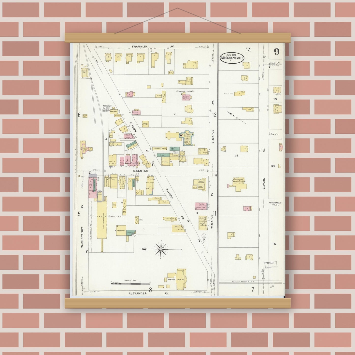 Old map wall art mockup — magnetic wood frame on brick wall — Sanborn Fire Insurance Map from Merchantville, Camden County, New Jersey (1908), Sheet #0009