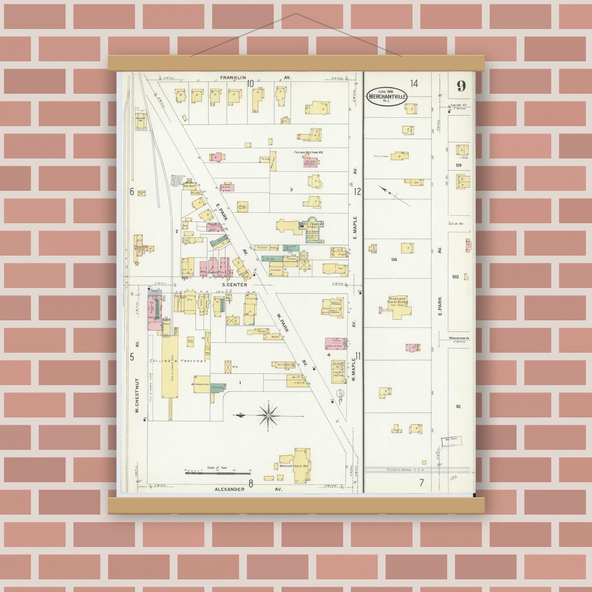 Old map wall art mockup — magnetic wood frame on brick wall — Sanborn Fire Insurance Map from Merchantville, Camden County, New Jersey (1908), Sheet #0009
