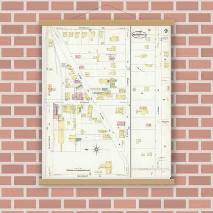Old map wall art mockup — magnetic wood frame on brick wall — Sanborn Fire Insurance Map from Merchantville, Camden County, New Jersey (1908), Sheet #0009